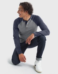 Hanes Mens Beefy Long-Sleeve Shirt Colorblock Henley threebutton Tag Free raglan