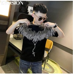 New Fashion Wings Trend Rhinestone Summer Short Sleeve Luxury Men Cotton T-Shirt