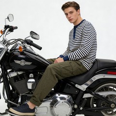 Mens Long Sleeve Striped Henry Shirt 300G Heavyweight Sailor T-Shirt Casual TEE