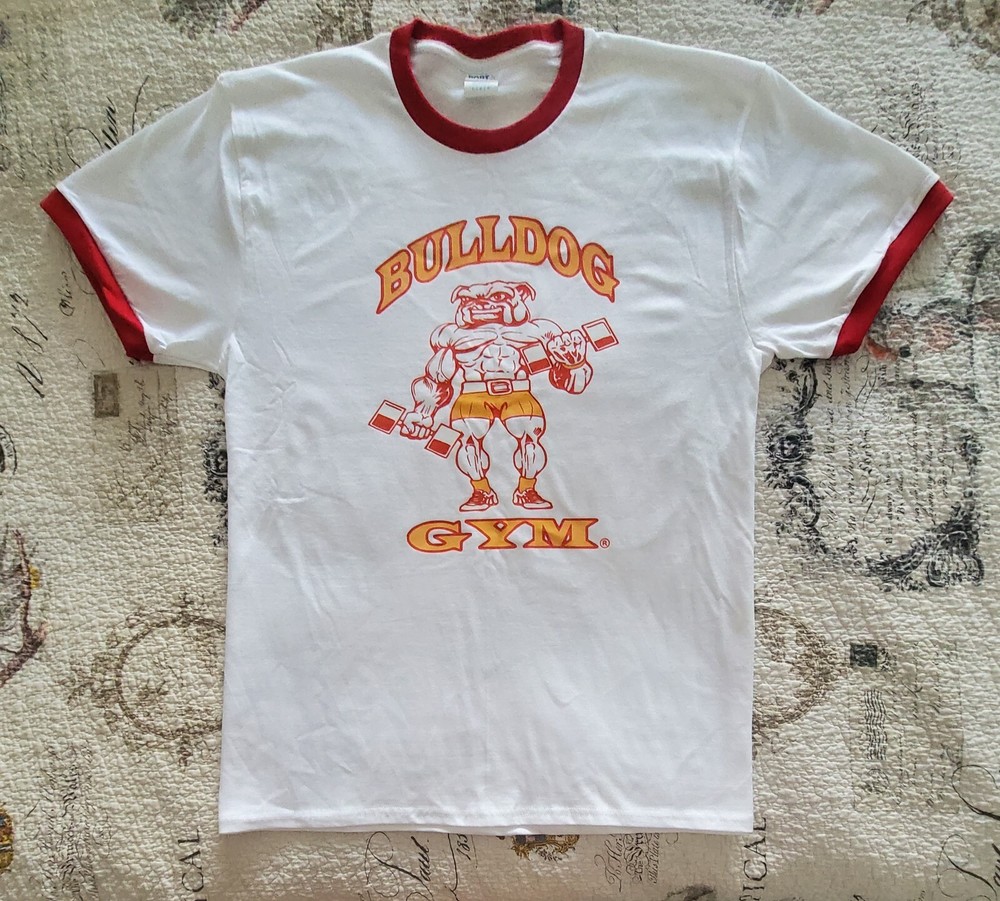 Bulldog Gym Old School Bodybuilding White / Red / Vintage Gold Ringer T-Shirt