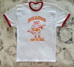 Bulldog Gym Old School Bodybuilding White / Red / Vintage Gold Ringer T-Shirt