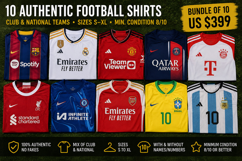 Bundle of 10 Authentic Football Shirts – Sizes S–XL – Club & National Teams