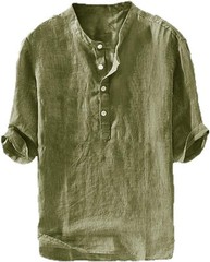 Men’s Casual Linen Cotton 3/4 Sleeve Henley T-Shirt – Lightweight Summer Top