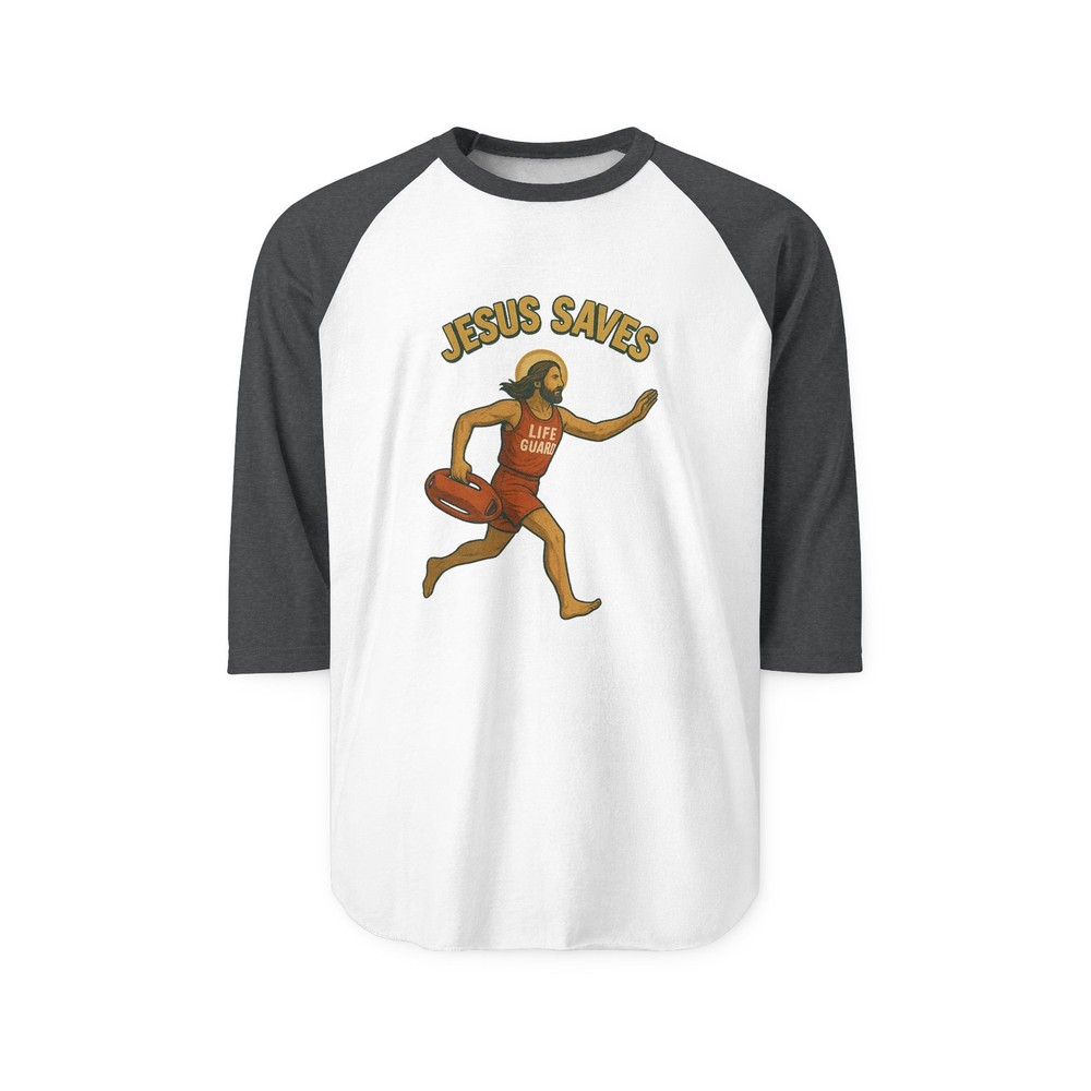 Jesus Saves Lifeguard Sports Raglan Shirt, Christian Three-Quarter Sleeve Tee