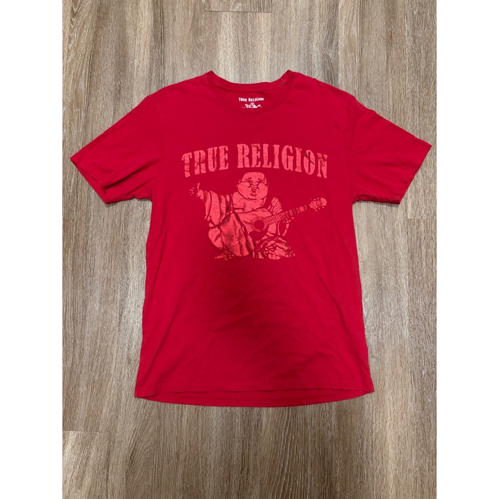True Religion Mens Red Metallic Foil Buddha World Tour Graphic T-Shirt Size M