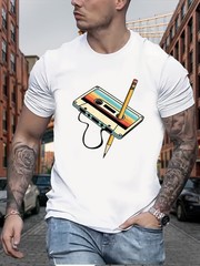 Men Retro Cassette Print T-Shirt – Casual Crew Neck, Slight Stretch, Summer Top▧