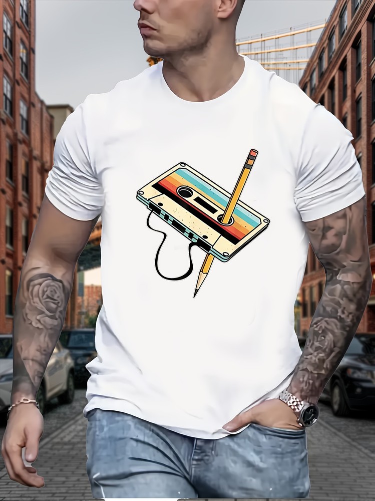 Men Retro Cassette Print T-Shirt – Casual Crew Neck, Slight Stretch, Summer Top♢