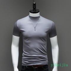 Fashion Summer Men’s Half High Collar Silk Cotton Short Sleeved T-shirt Slim Fit