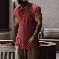 Men Vest Solid Color Casual Leisure Individual Old Style Loose Type Ripped Edge