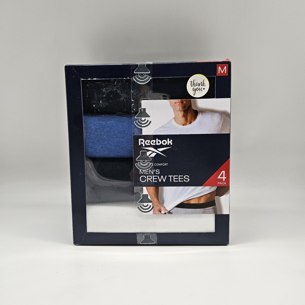 4Pk REEBOK Comfort Men S M L White Blue Black Crew Neck Tag-Free Cotton T Shirts