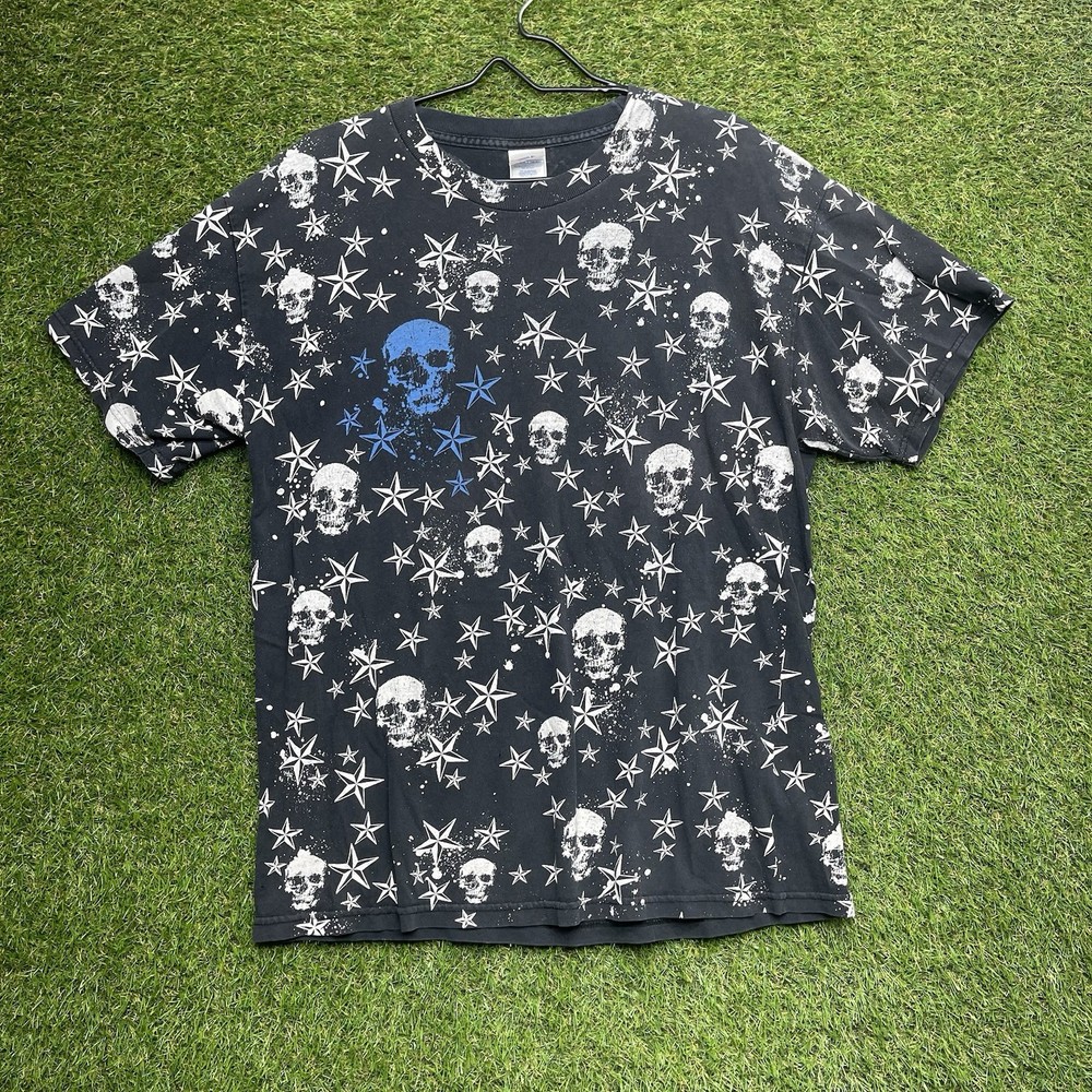 y2k Shirt Kids Large Mens Medium Cyber Grunge Star Skulls AOP All Over Print