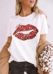 Red Lips 3D Short Sleeves White T Shirt Tee Valentine’s Day Gift Girlfriend Wife