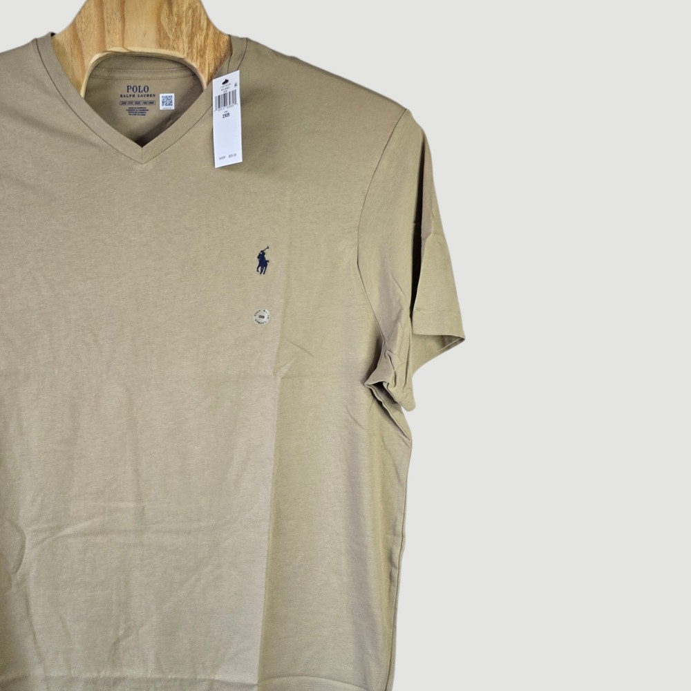 Polo Ralph Lauren Mens Tan V Neck T Shirt Big Tall 2XB Cotton Logo