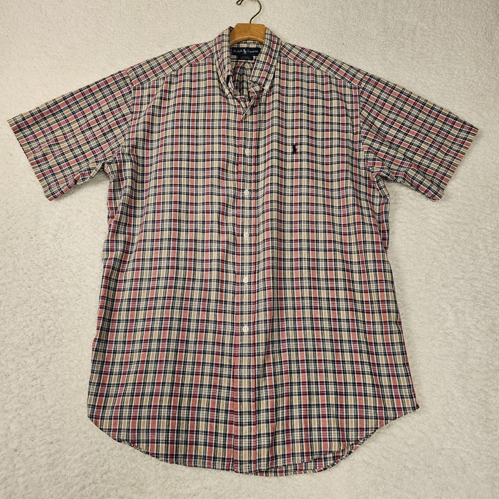 Ralph Lauren Shirt Mens Large Cream Red Black Plaid Blake Short Sleeve Work Wear