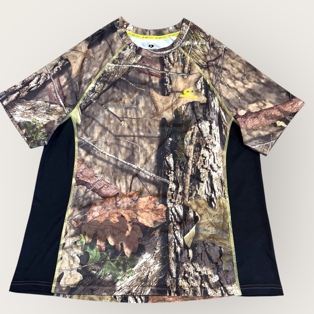 Mossy Oak Mens XL Short Sleeve Camo Dri More Tech Hunting Jersey T Shirt Brown