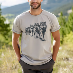 Wolf Pack Shirt Crewneck Cotton Mens Graphic Nature Art Tshirt gray Short Sleeve