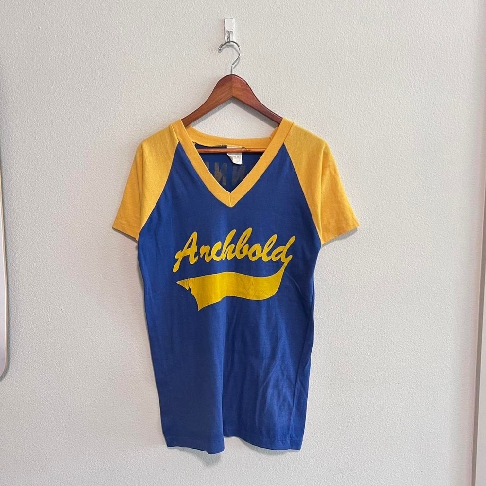 Vintage 70s Sportswear Athletic Shirt Two Tone Flock Print Blue T Shirt Size M