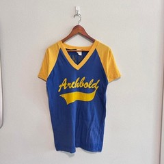 Vintage 70s Sportswear Athletic Shirt Two Tone Flock Print Blue T Shirt Size M