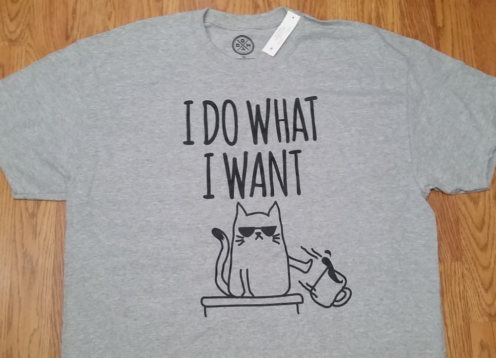 Men’s Cat t-shirt “I Do What I Want” (XL) Cat Pushing Coffee Off Table, NEW
