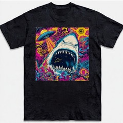 Trippy Space Shark T-Shirt Alien UFO Abduction Galaxy Mouth Colorful Art Tee