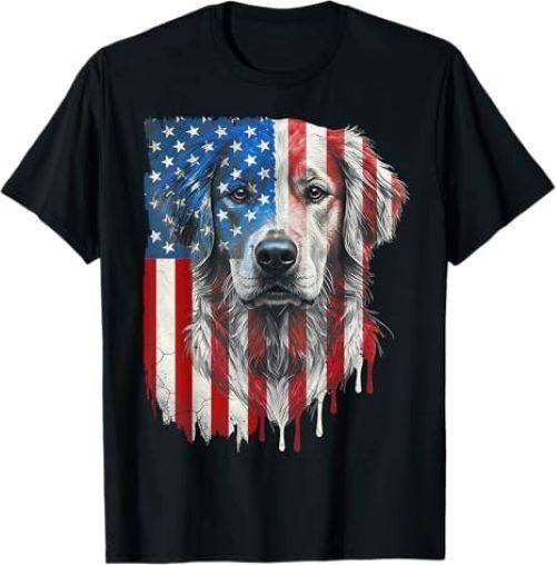 American Flag Golden Retriever USA Retro Black Short Sleeve All Size S-234XL