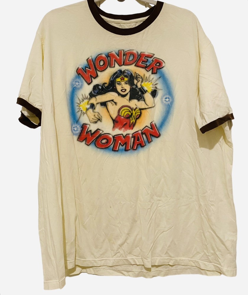 Wonder Woman Airbrush Graphic Ringer Shirt Plus Size DC Comics Beige Brown 2XL