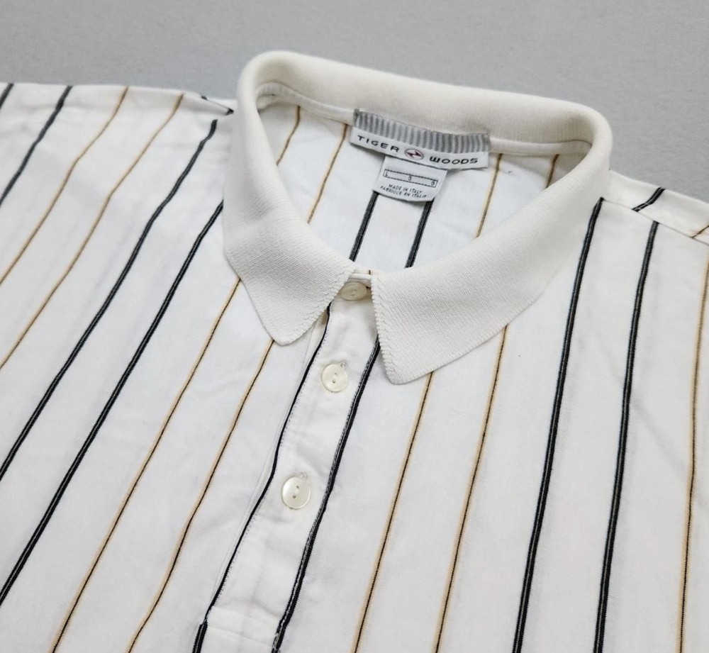 Tiger Woods, 90s Vintage Made in Italy Nike Golf Polo, White/Black Pinstripes, L