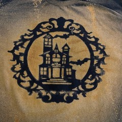 Halloween Bleach Wash T-Shirt Black Medium Haunted House Cats Ghosts Goth Spooky