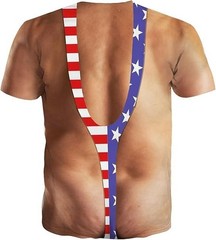 Funny USA Flag Borat Swimsuit T-Shirt 3D Hairy Chest Bikini Graphic Gag Gift Tee