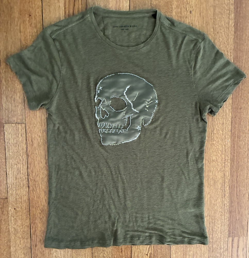 John Varvatos USA Skull Chain Applique Crew T-Shirt Linen Olive Small
