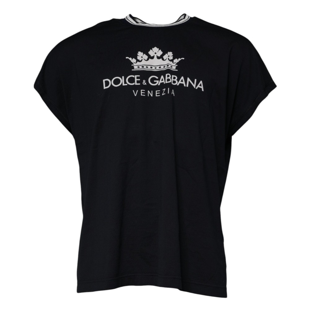 DOLCE & GABBANA T-shirt Dark Blue Logo Crown Cotton Crew Neck IT46/US36/S 370usd