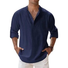 MENS LINEN COTTON HENLEY LONG SLEEVE BREATHABLE CASUAL BEACHWEAR SHIRT