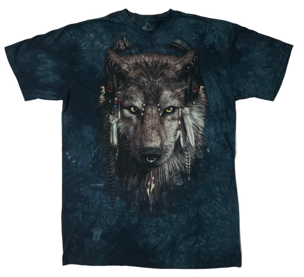 The Mountain 2011 Manimals Native American Wolf Headphones Tie Dye TShirt Large