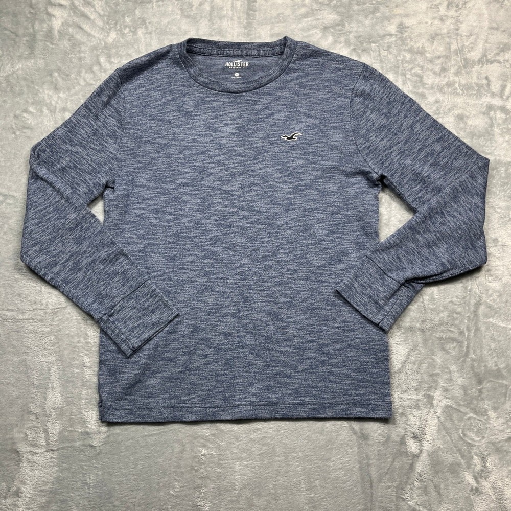 Hollister Crewneck Shirt Mens Blue Marled Long Sleeve Logo Knit Top XS