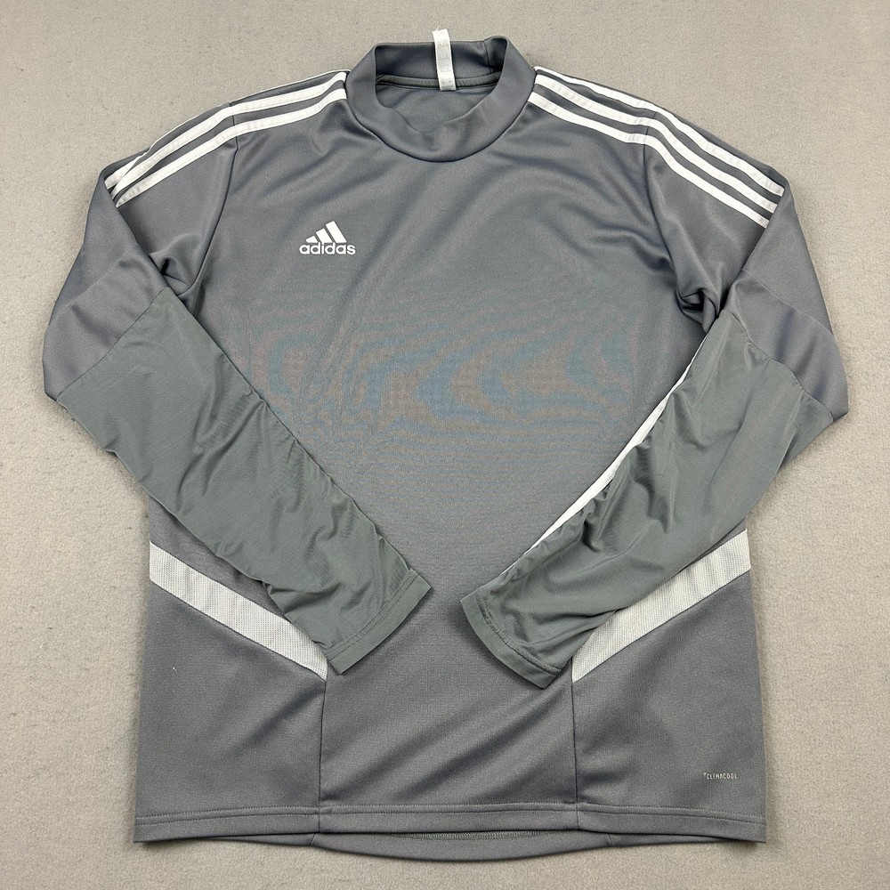 Adidas Shirt Men Large Gray White Solid Climacool Soccer Pullover Thumbholes L