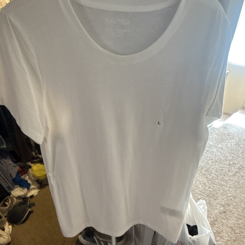 Nautica Women’s White Logo Crew Neck Short Sleeve Regular Fit T-Shirt Size L