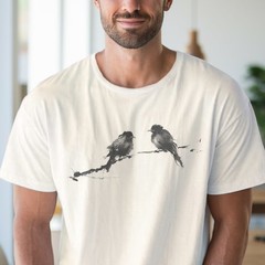 Two Birds on Branch Graphic Tee Minimalist Wildlife Art
