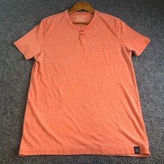 Lucky Brand Venice Burnout Shirt Mens Medium Peach Salmon Henley Short Sleeve