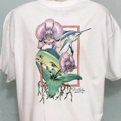 Lady Fisherman Colorful Marlin Mahi Dorado Purple Orchid on Men’s XL T-Shirt