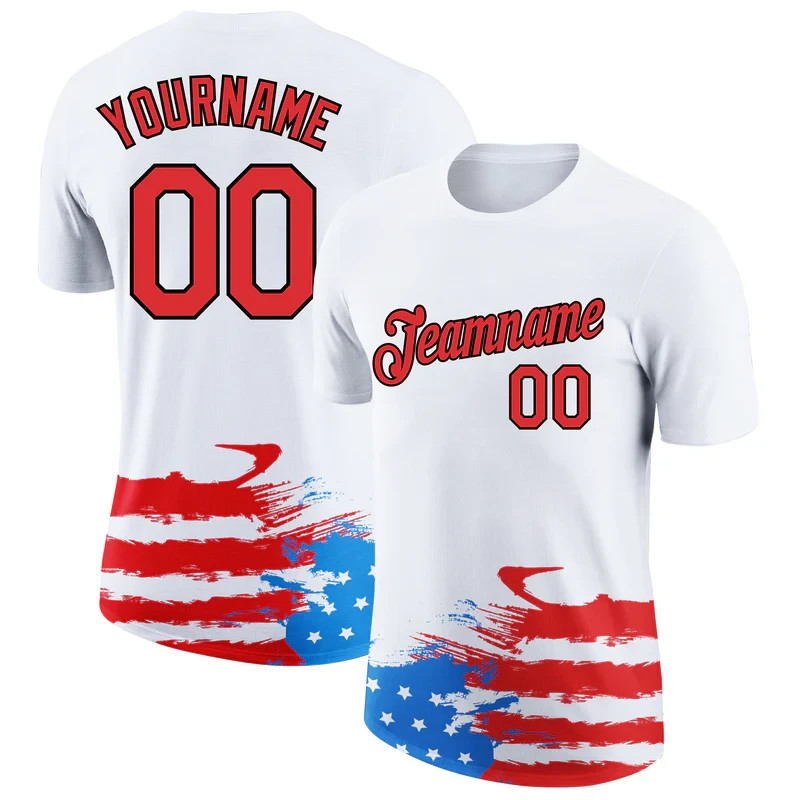 Custom White Red-Black 3D American Flag Patriotic Performance T-Shirt HS1153