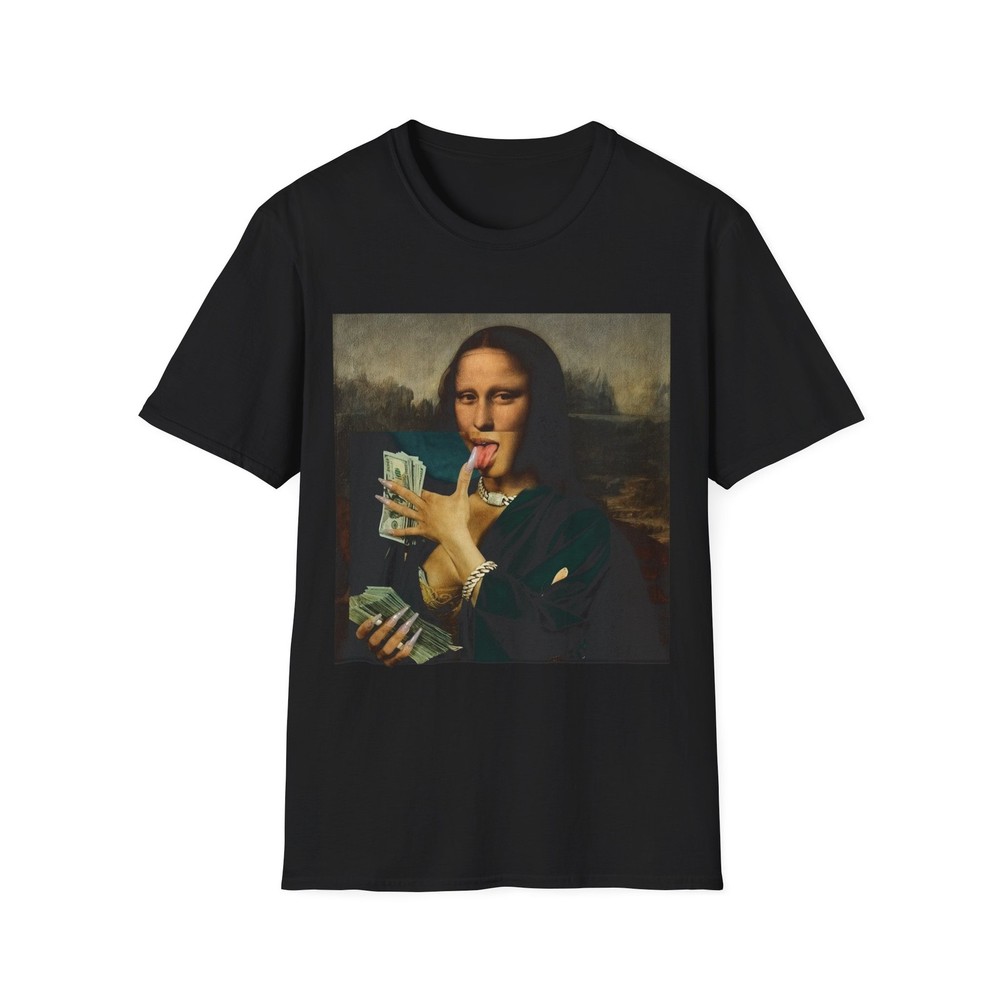 Funny Street Art Mona Lisa With Pink Nails Counting Money Unisex T-Shirt