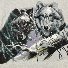 Vintage 93 black&gray wolf front/back snow scene single stitch on Fruity tag XL