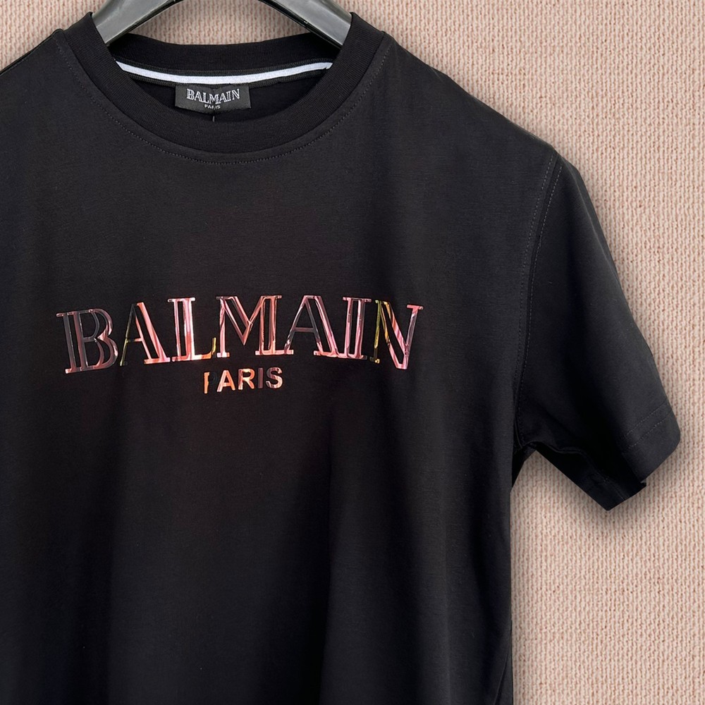 Balmain Black T-shirt — Golden Text Logo Print — Size XL — Tariff Paid