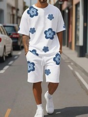 Mens 2 Piece Set T-Shirt & Shorts Graphic Flower Print Black White Summer Outfit