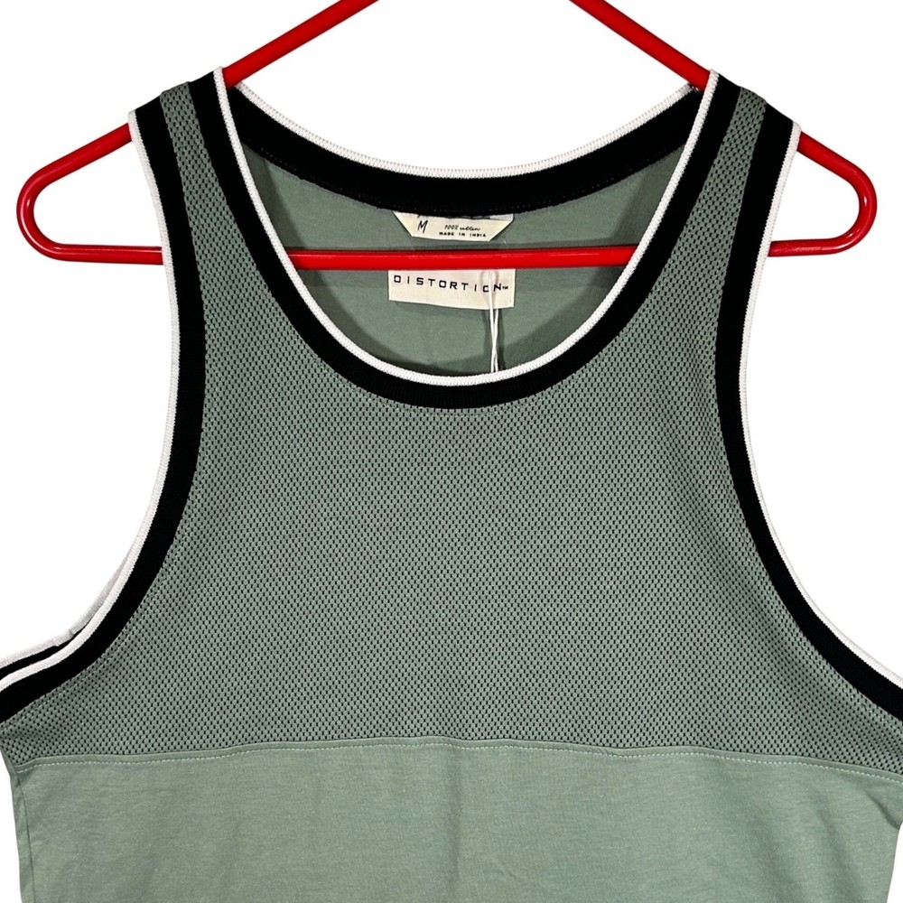Distortion Mens Sage Green Mesh Panel Cotton Tank Top Sleeveless Shirt Size M