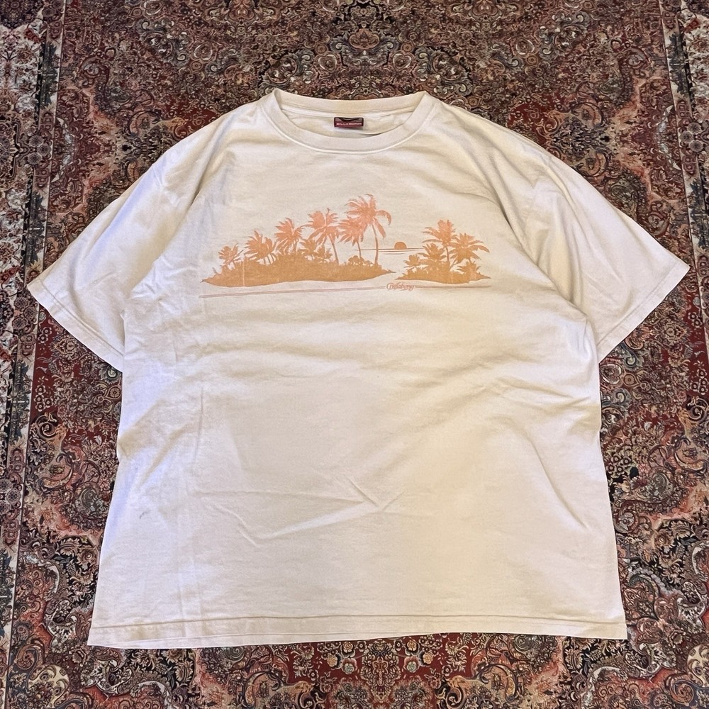 Vintage Billabong Spell Out Graphic T Shirt XL Beige Y2K Surf Palm Tree Sunset T