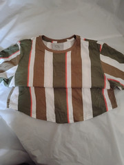 Original Use Green Brown White Striped Short Sleeve Curved Hem T-Shirt, Childs S