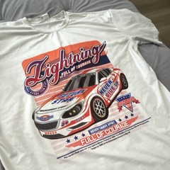 Men’s White Graphic Print Racing Car “Lightning” Short Sleeve Crew Neck T-Shirt