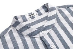 Men’s Cotton Hemp Long Sleeve Casual Beach Henley Shirt (Grey Blue Stripe,L)