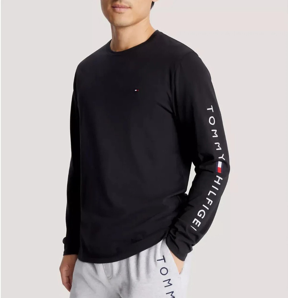 Tommy Hilfiger Men’s Black Flag Logo All Cotton Regular Fit Long Sleeve T-Shirt